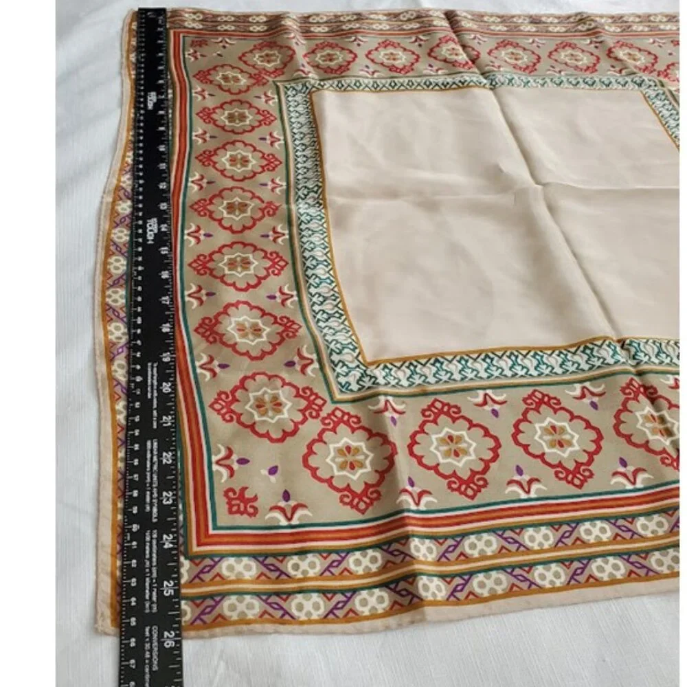 Satiny Multicolor Border Trim Scarf w Intricate Pattern 26" X 26" - Picture 5 of 6